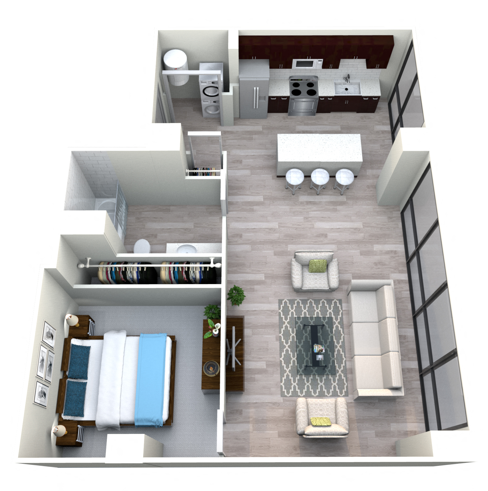 Floor plan for 1 bed, 1 bath, 980 sqft