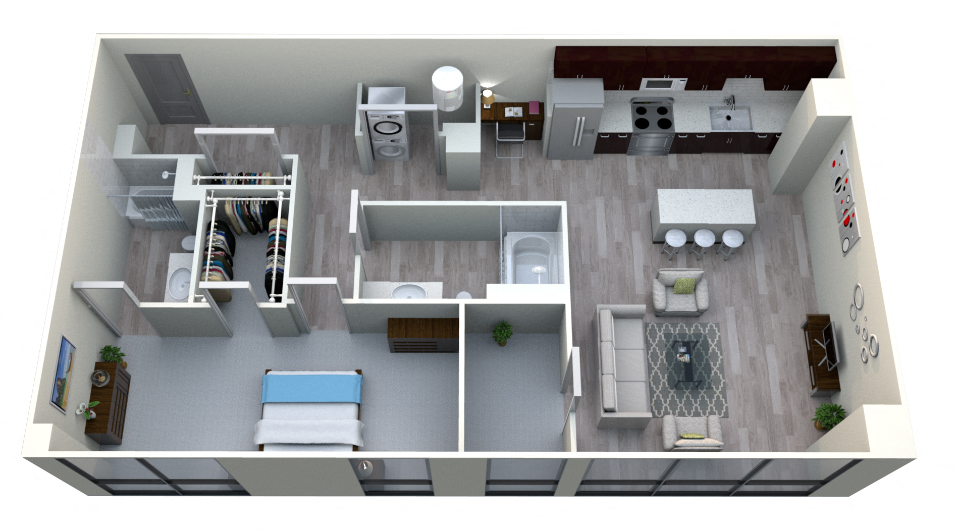 Floor plan for 1 bed, 2 baths, 1250 sqft