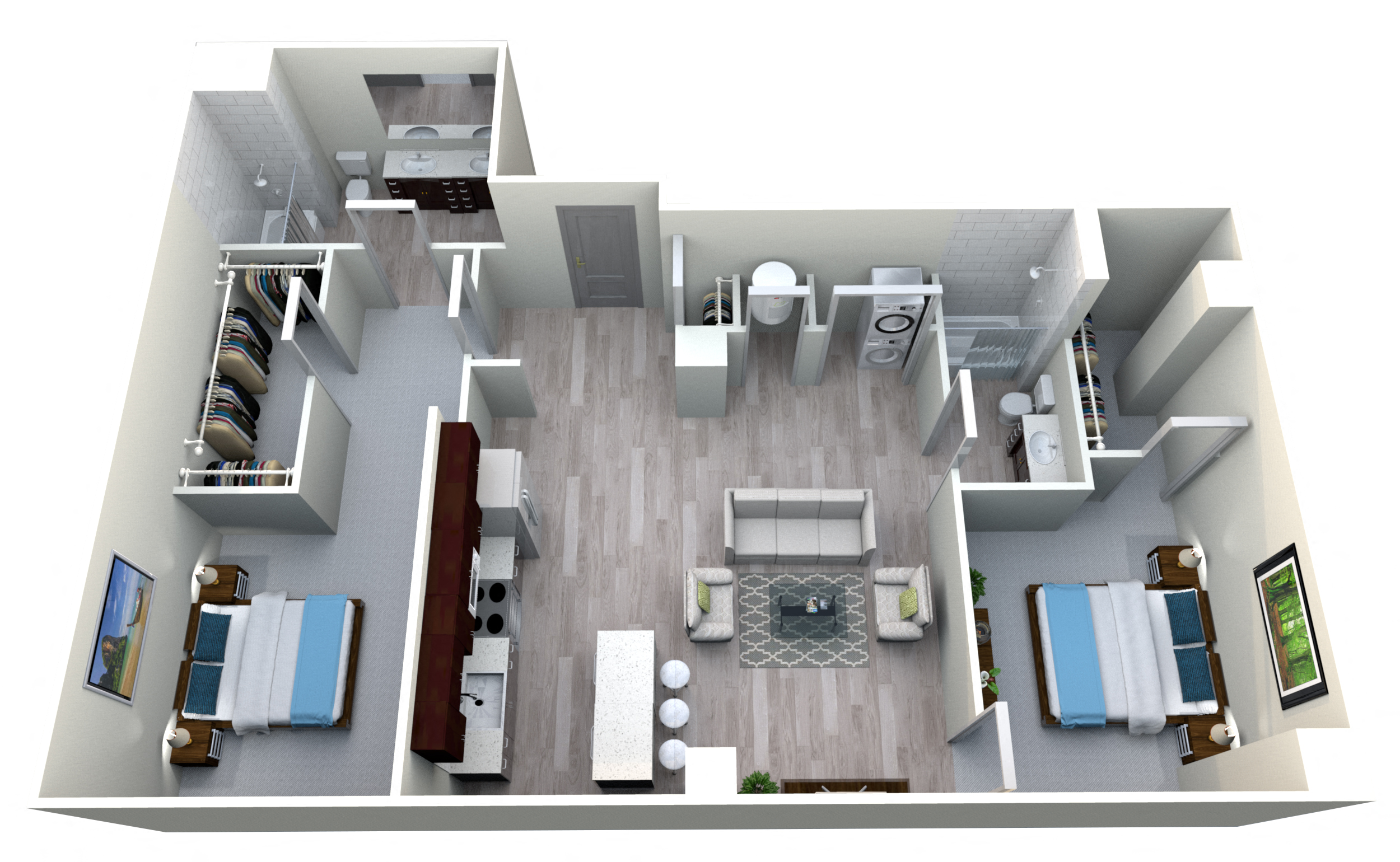 Floor plan for 2 beds, 2 baths, 1405 sqft