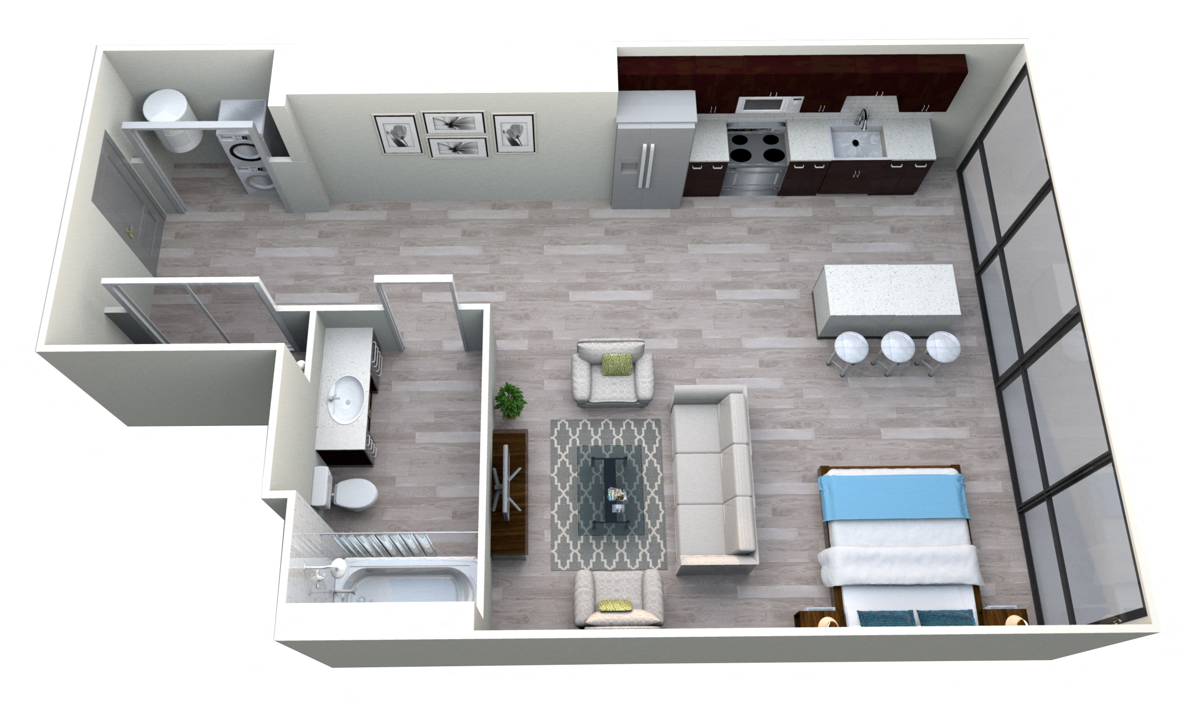 Floor plan for studio, 1 bath, 735 sqft