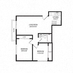 Floor plan for 2 beds, 1 bath, 686 sqft