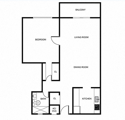 Floor plan for 1 bed, 1 bath, 550 sqft
