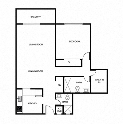Floor plan for 1 bed, 2 baths, 595 sqft