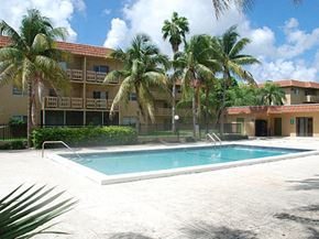 Miami apartment for rent - a swimming pool in front of a hotel with palm trees