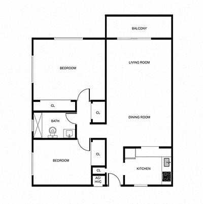 Floor plan for 2 beds, 1 bath, 875 sqft