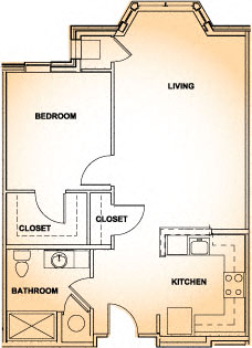 Floor plan for 1 bed, 1 bath, 730 sqft