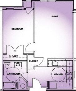 Floor plan for 1 bed, 1 bath, 670 sqft