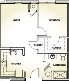 Floor plan for 1 bed, 1 bath, 730 sqft