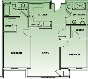 Floor plan for 2 beds, 2 baths, 875 sqft