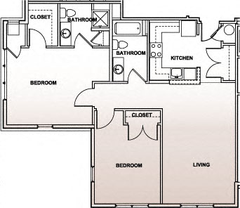 Floor plan for 2 beds, 2 baths, 945 sqft
