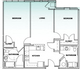Floor plan for 2 beds, 2 baths, 1035 sqft