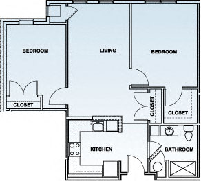Floor plan for 2 beds, 1 bath, 1028 sqft