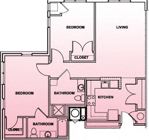 Floor plan for 2 beds, 2 baths, 1035 sqft