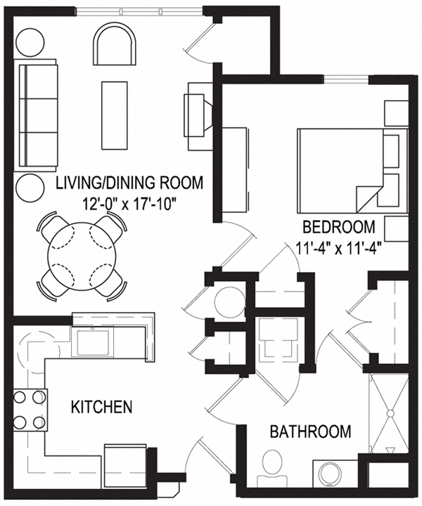 Floor plan for 1 bed, 1 bath, 696 sqft