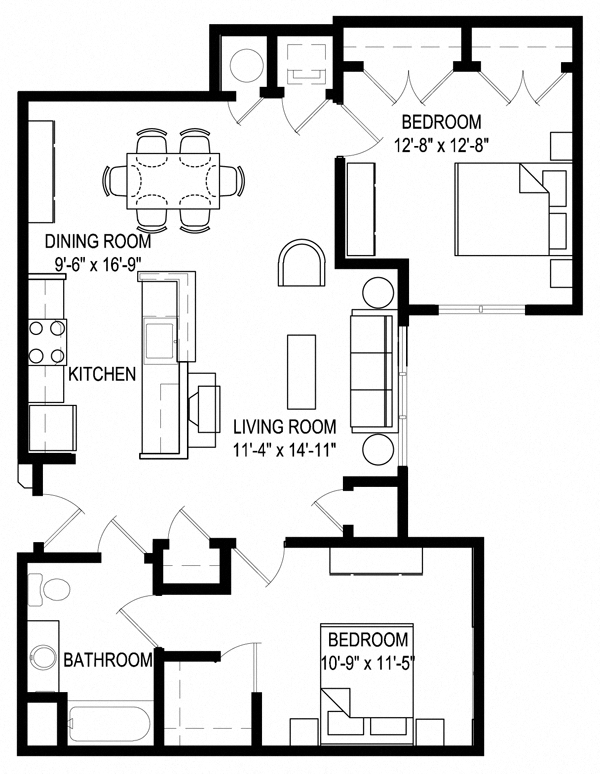 Floor plan for 2 beds, 1 bath, 791 sqft
