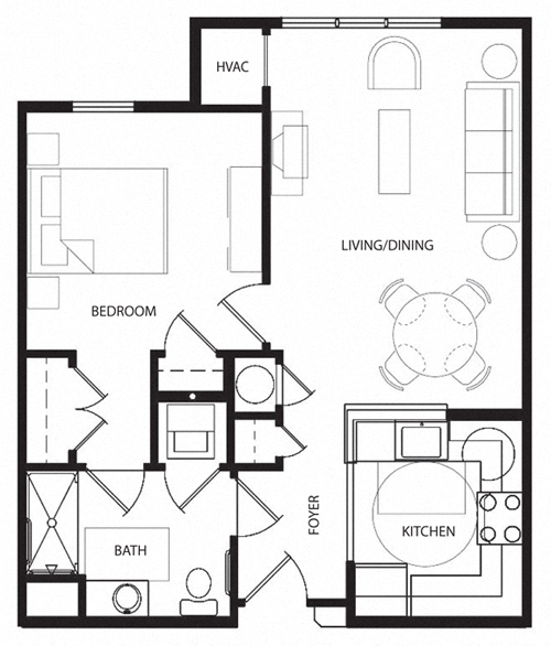 Floor plan for 1 bed, 1 bath, 657 sqft