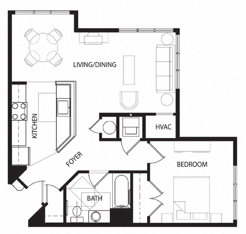 Floor plan for 1 bed, 1 bath, 657 sqft