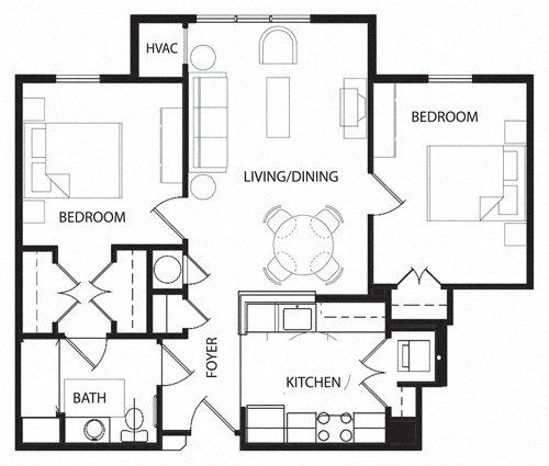 Floor plan for 2 beds, 1 bath, 969 sqft