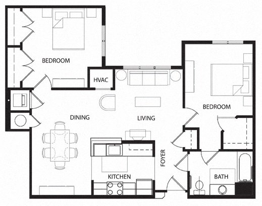 Floor plan for 2 beds, 1 bath, 872 sqft