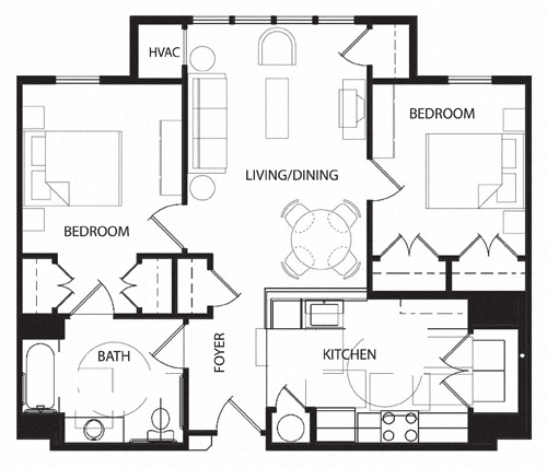 Floor plan for 2 beds, 1 bath, 969 sqft