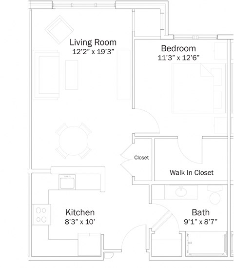 Floor plan for 1 bed, 1 bath, 674 sqft
