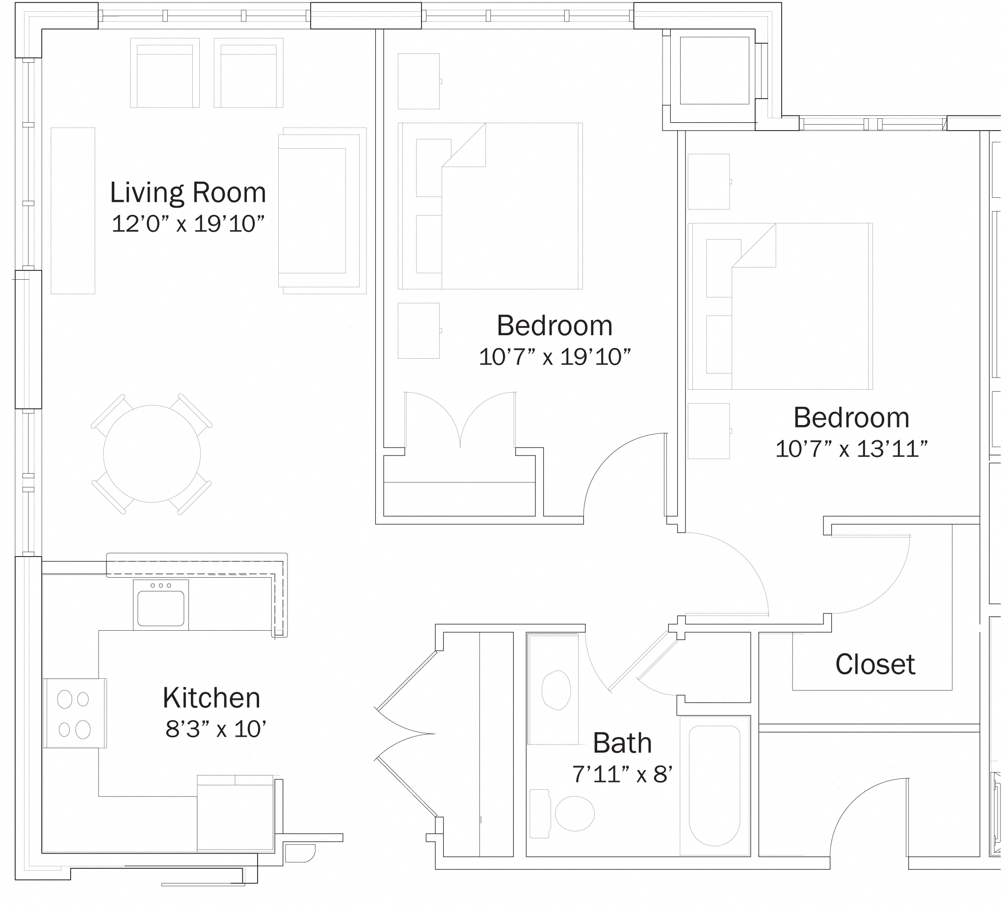 Floor plan for 2 beds, 1 bath, 944 sqft