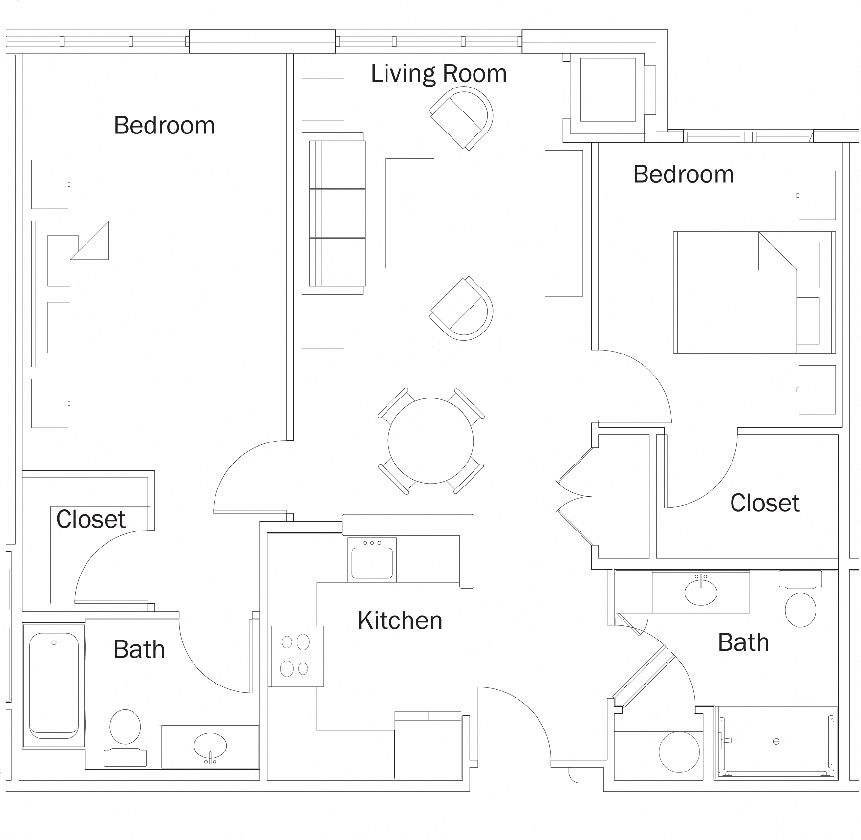 Floor plan for 2 beds, 2 baths, 1095 sqft