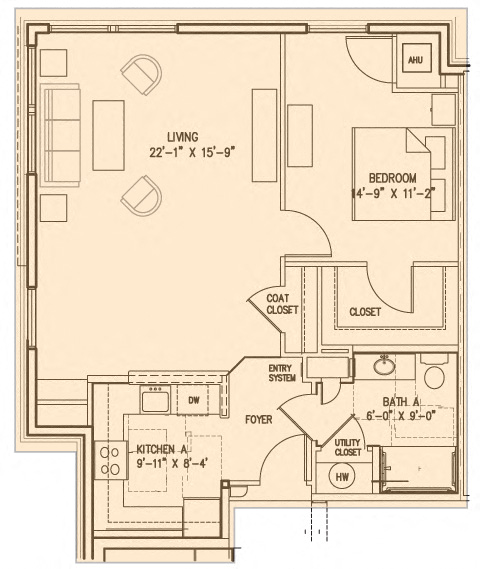 Floor plan for 1 bed, 1 bath, 691 sqft