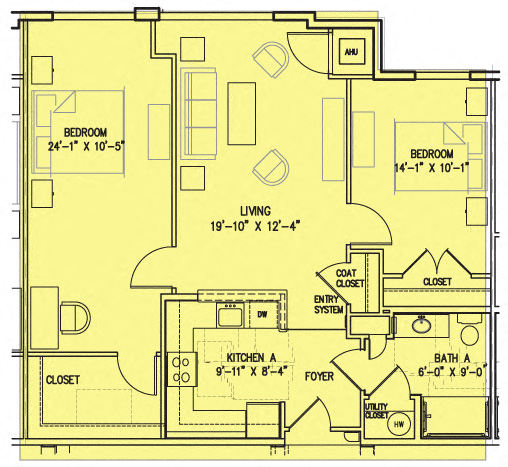 Floor plan for 2 beds, 1 bath, 920 sqft