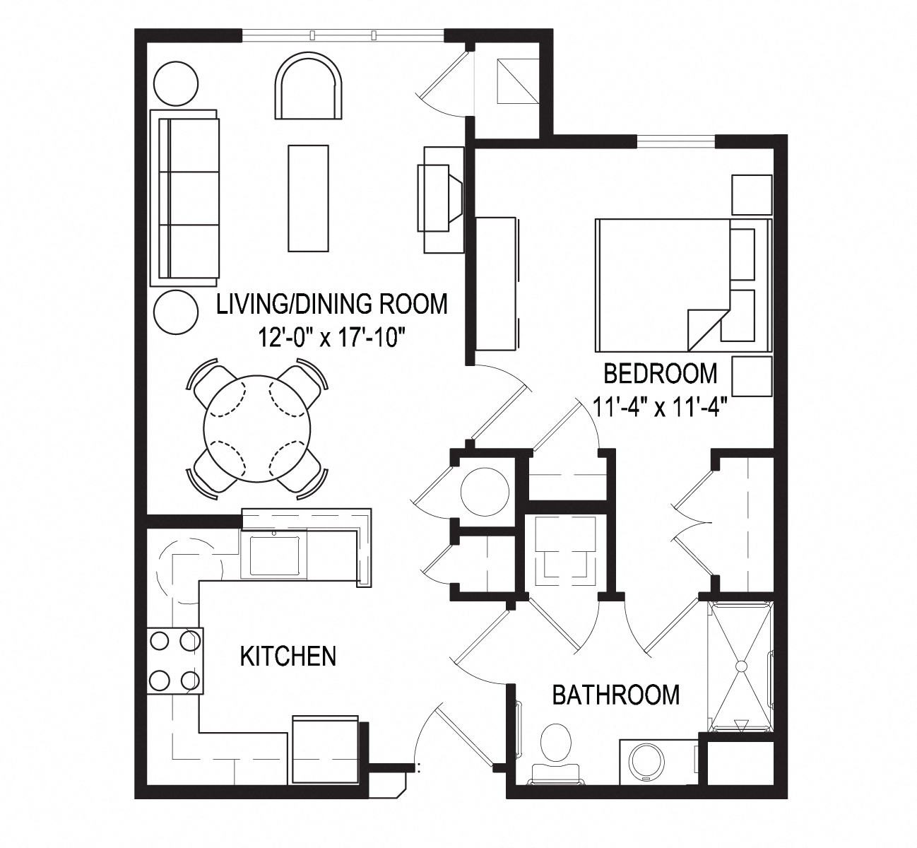 Floor plan for 1 bed, 1 bath, 750 sqft