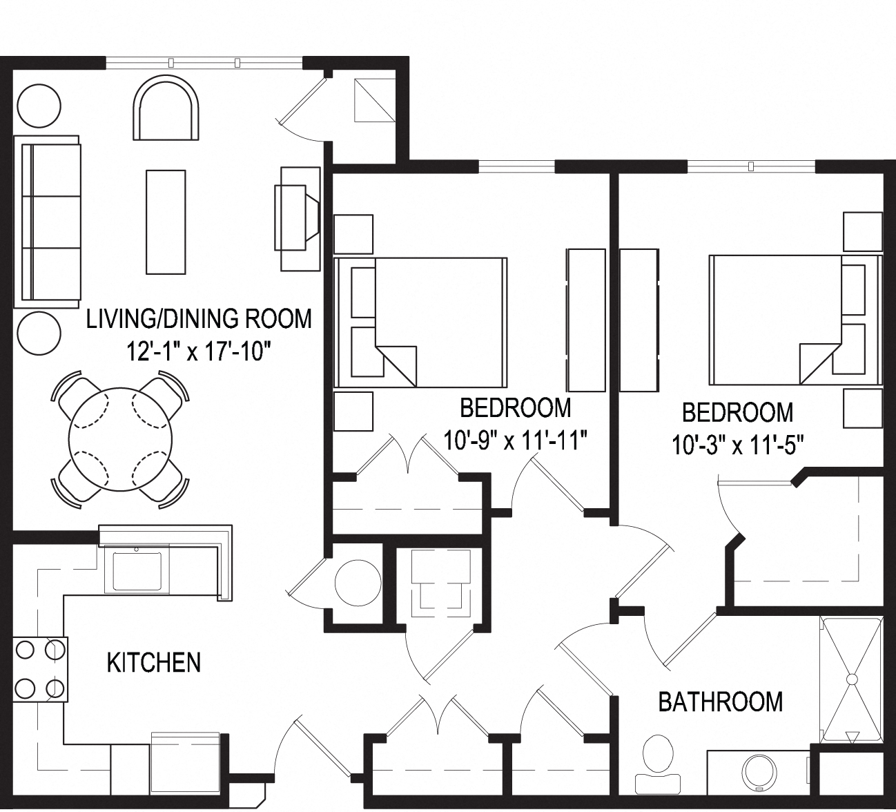 Floor plan for 2 beds, 1 bath, 907 sqft