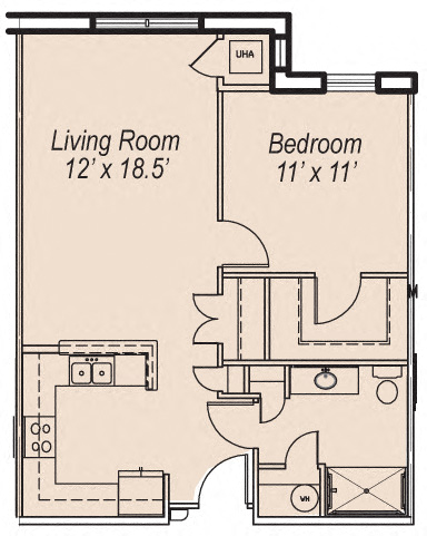 Floor plan for 1 bed, 1 bath, 675 sqft