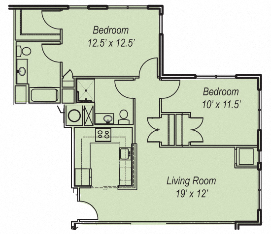 Floor plan for 2 beds, 2 baths, 992 sqft