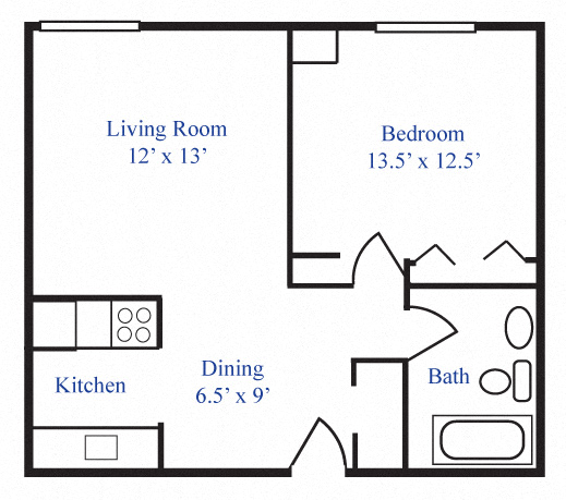 Floor plan for 1 bed, 1 bath, 572 sqft