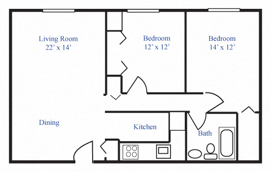 Floor plan for 2 beds, 1 bath, 930 sqft