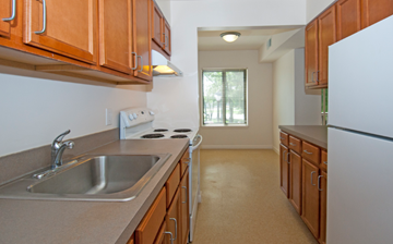 Columbia apartment for rent - a kitchen with wooden cabinets and a sink and a refrigerator