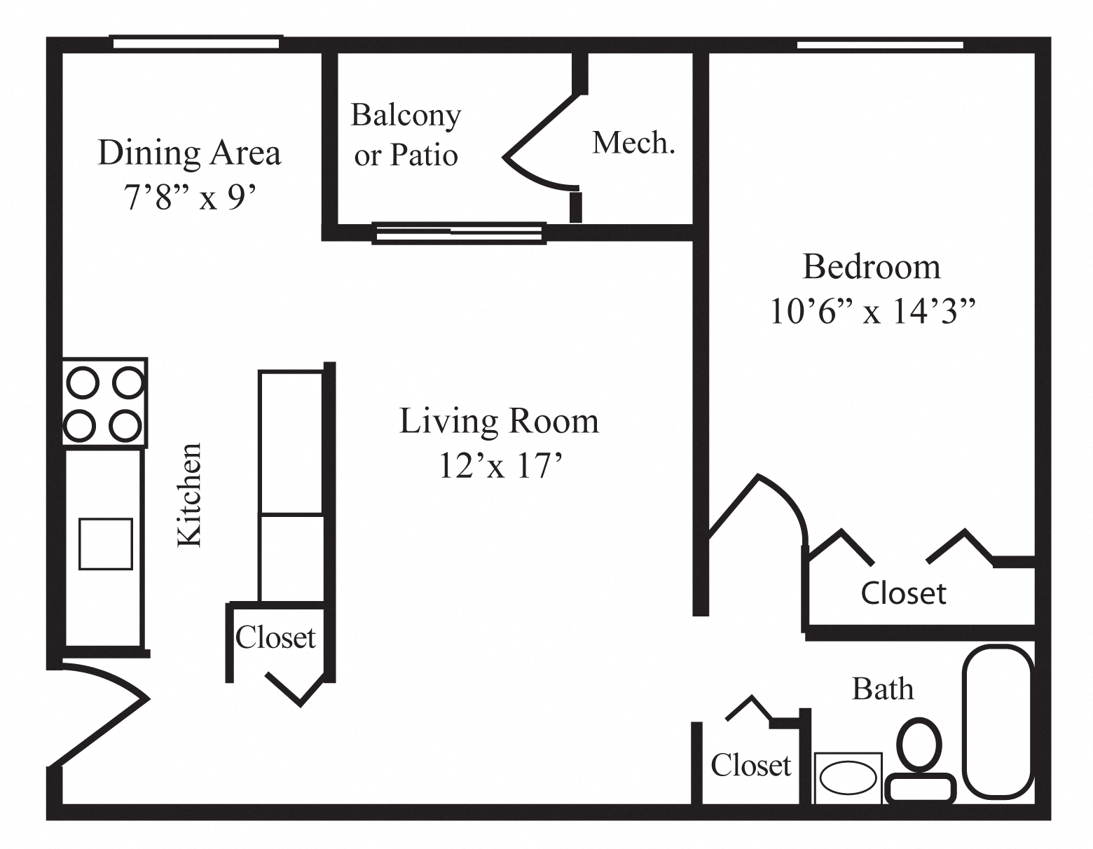 Floor plan for 1 bed, 1 bath, 786 sqft