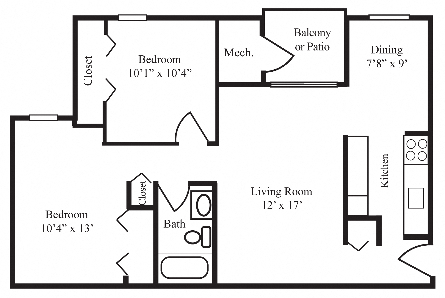 Floor plan for 2 beds, 1 bath, 825 sqft