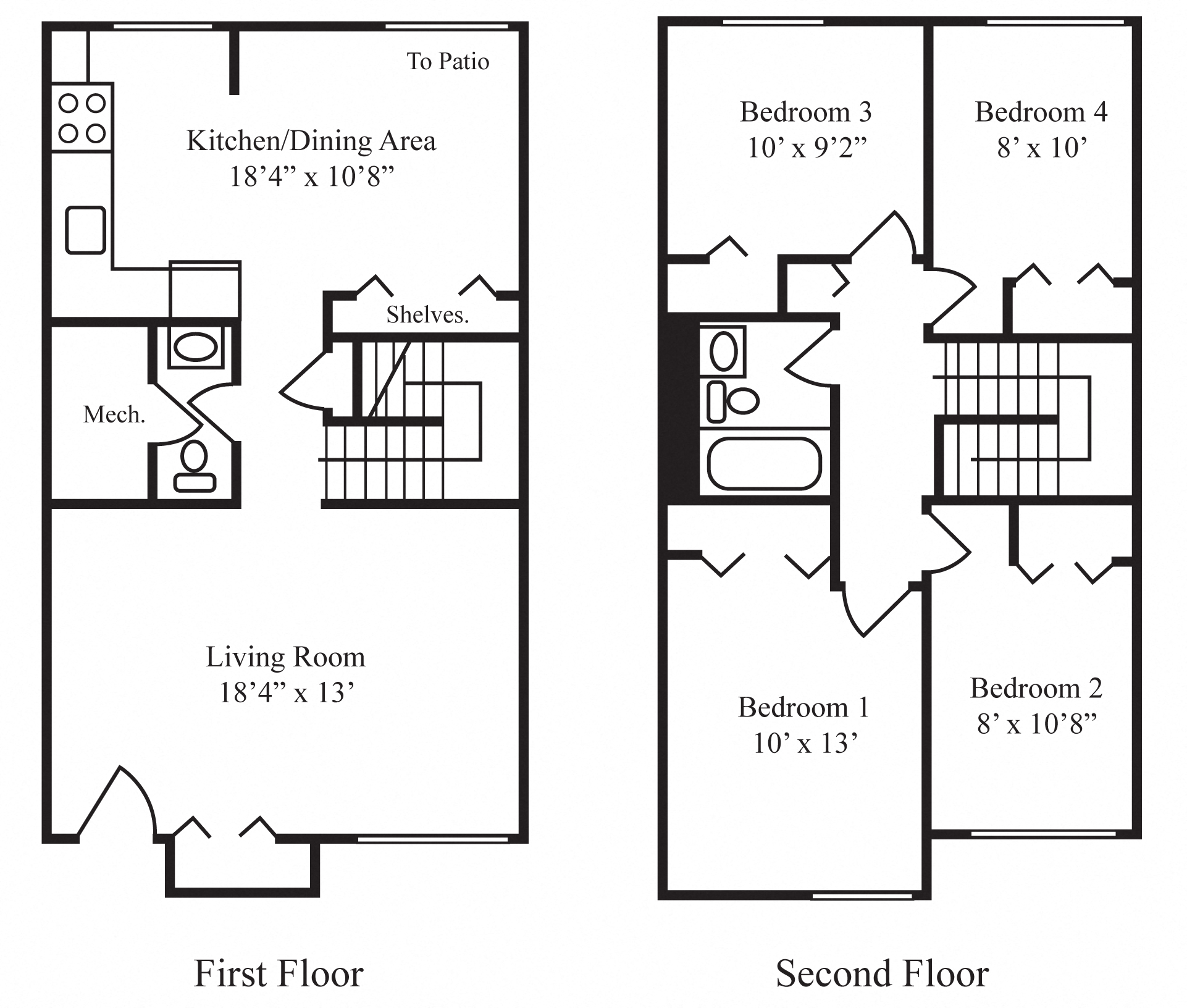 Floor plan for 4 beds, 2 baths, 1258 sqft