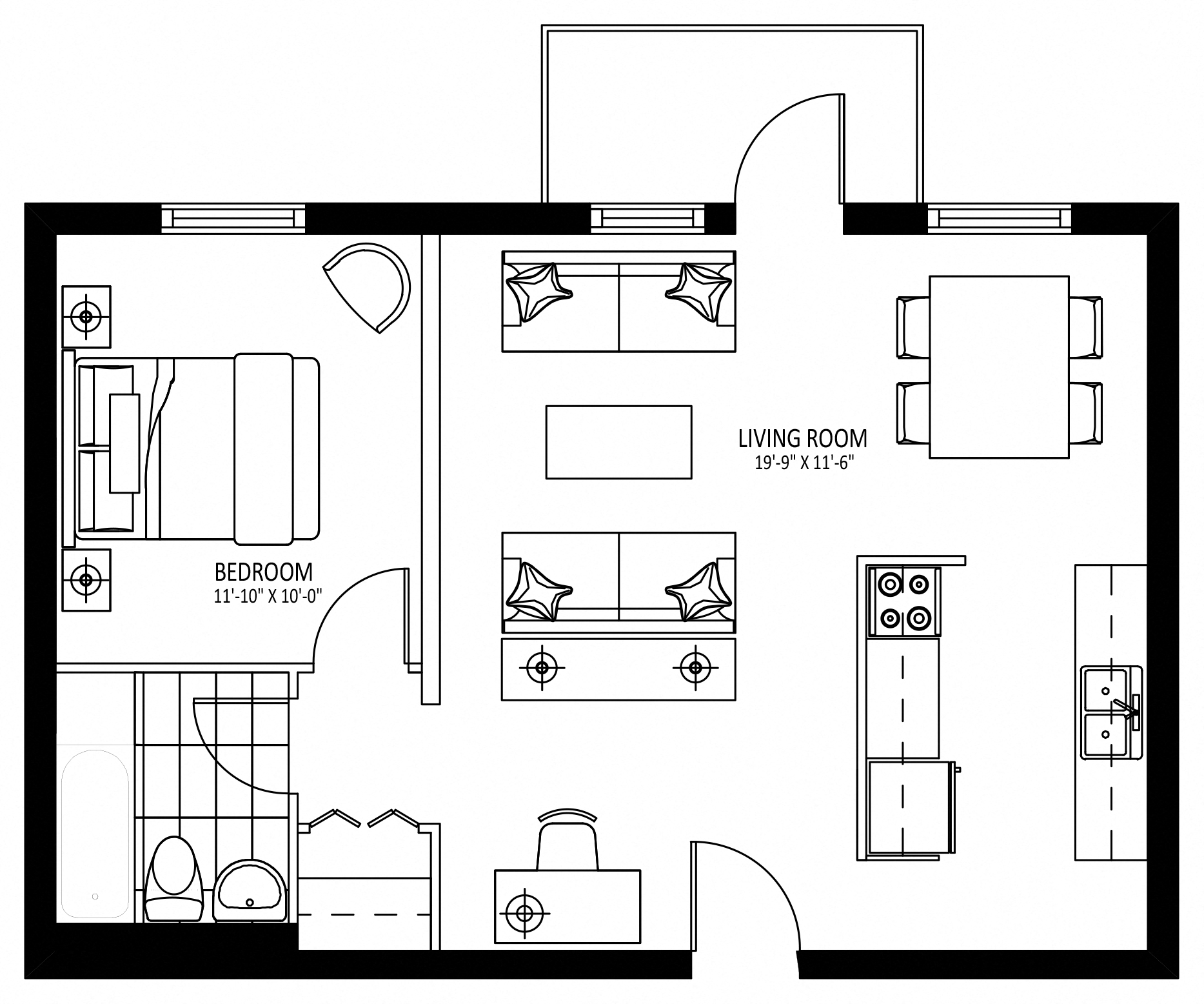 Floor plan for 1 bed, 655 sqft