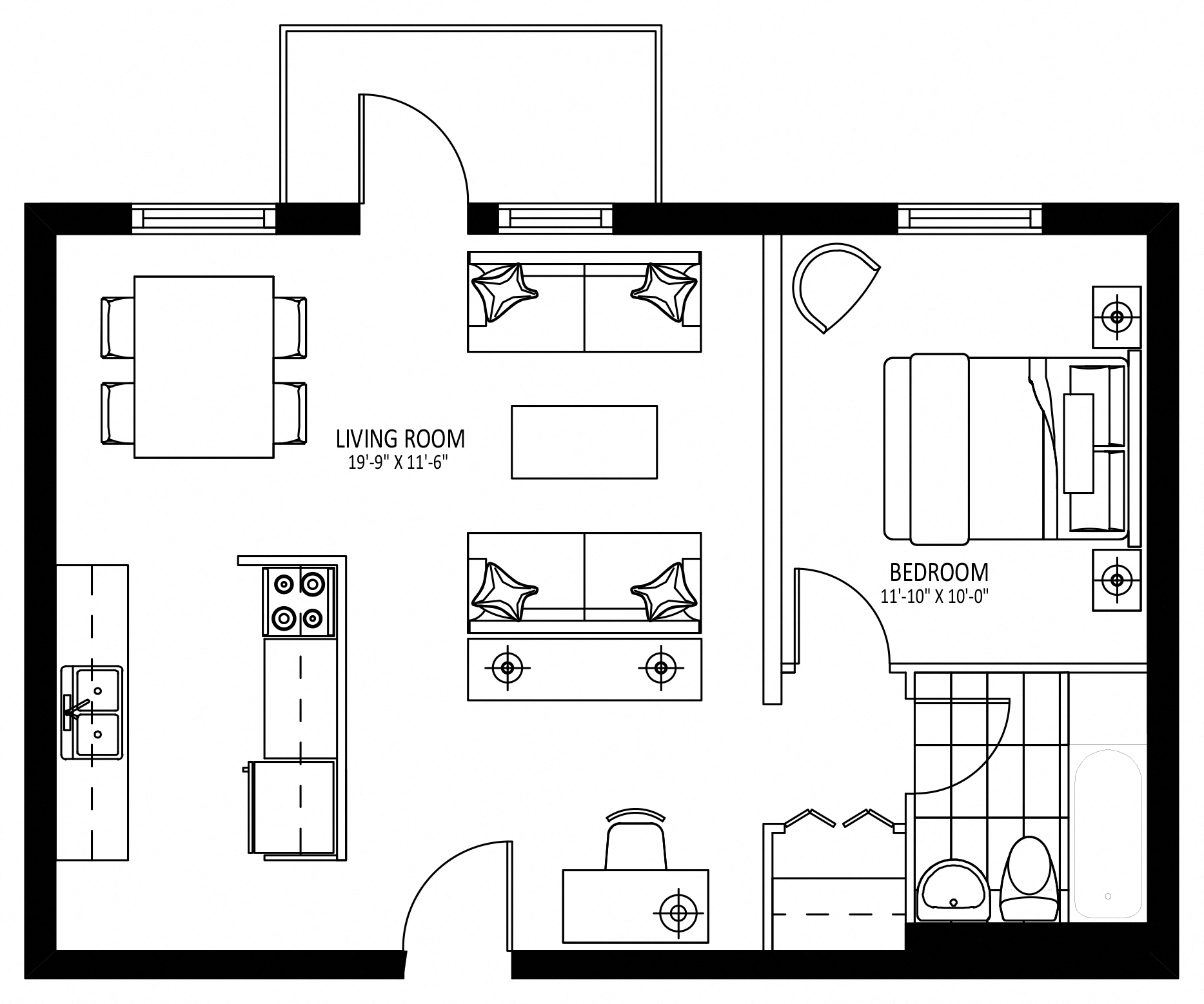 Floor plan for 1 bed, 1 bath, 655 sqft