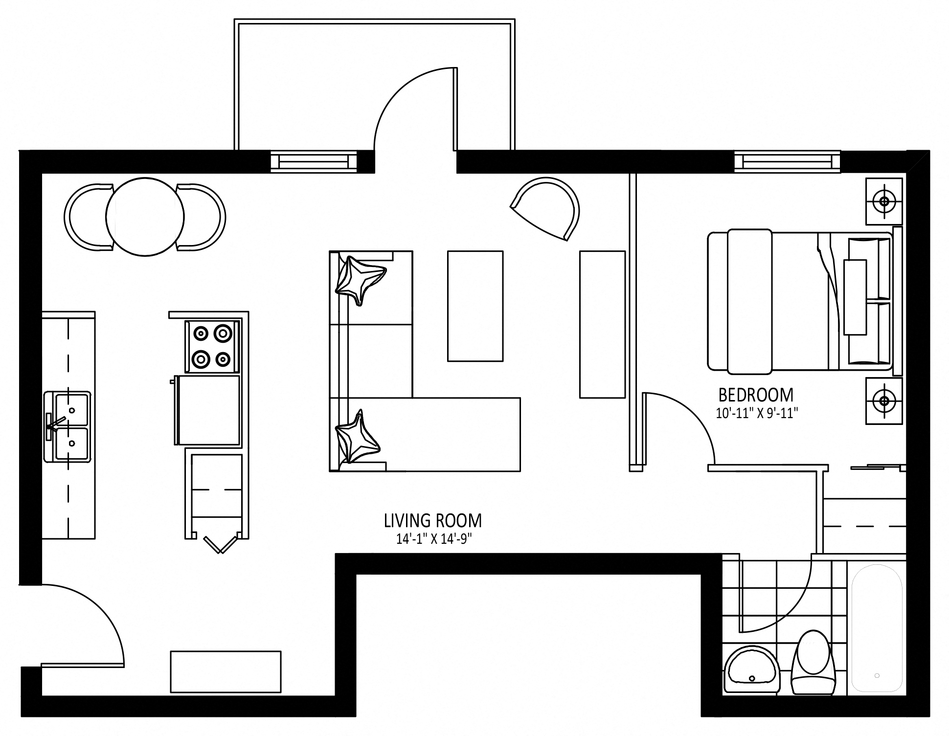 Floor plan for 1 bed, 1 bath, 585 sqft