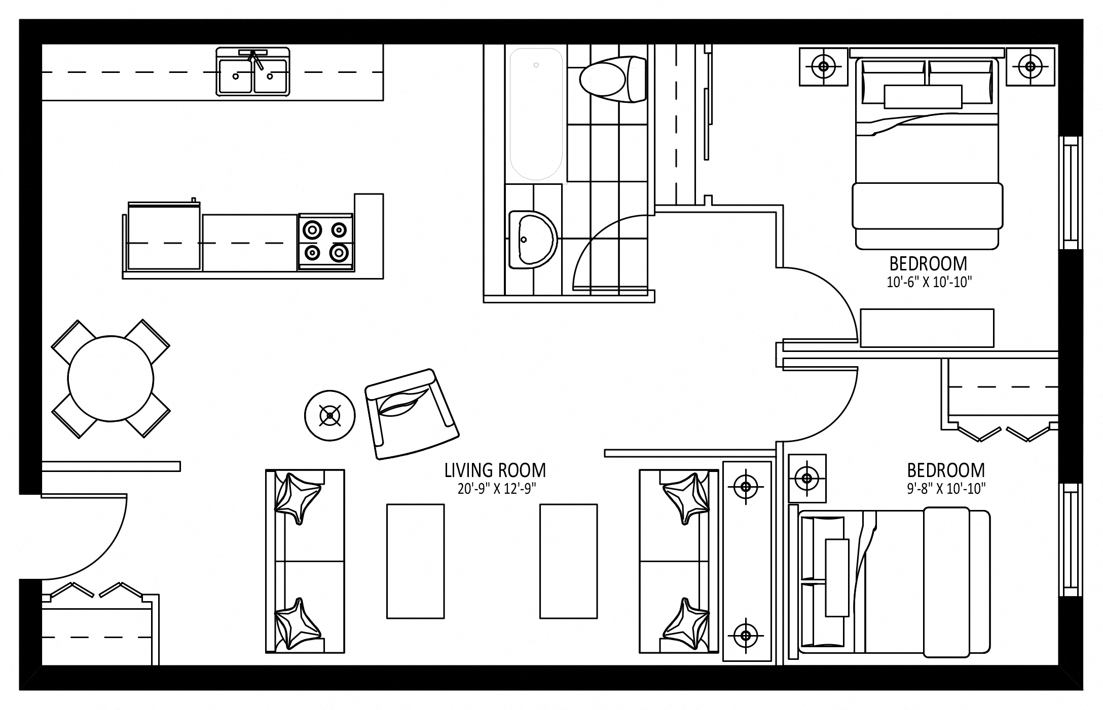Floor plan for 2 beds, 1 bath, 845 sqft