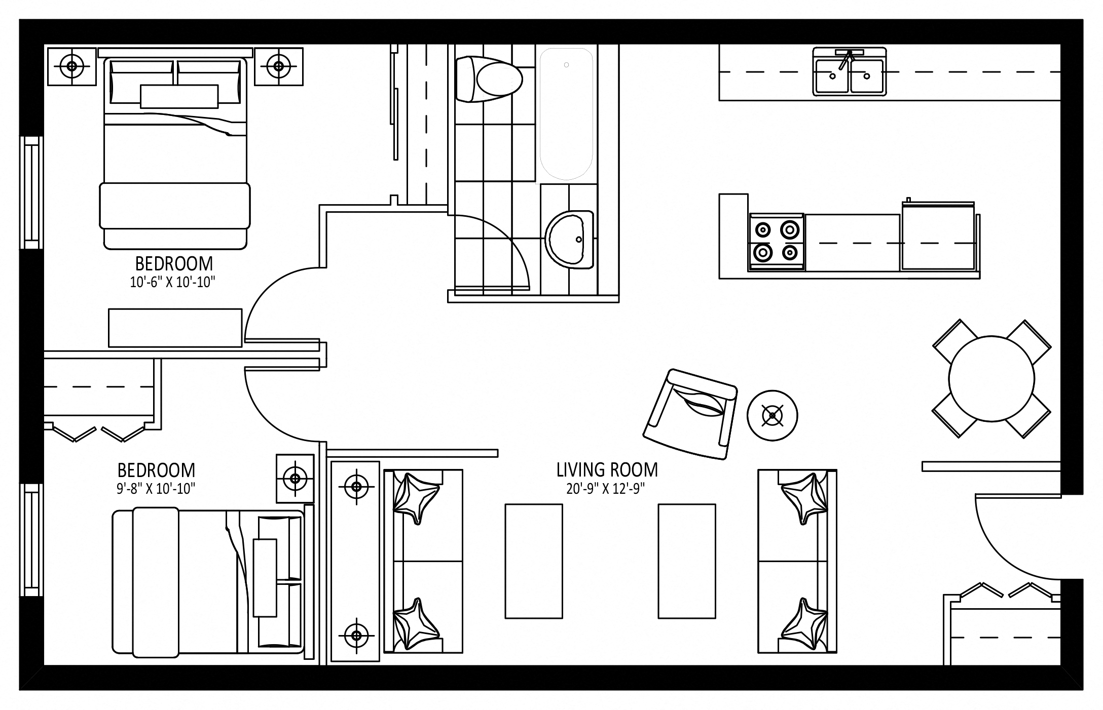 Floor plan for 2 beds, 1 bath, 845 sqft