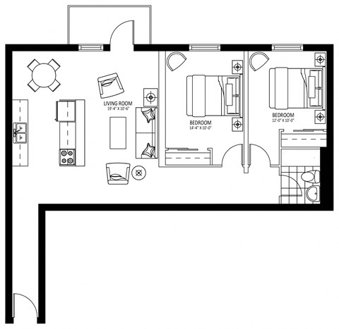 Floor plan for 2 beds, 1 bath, 905 sqft