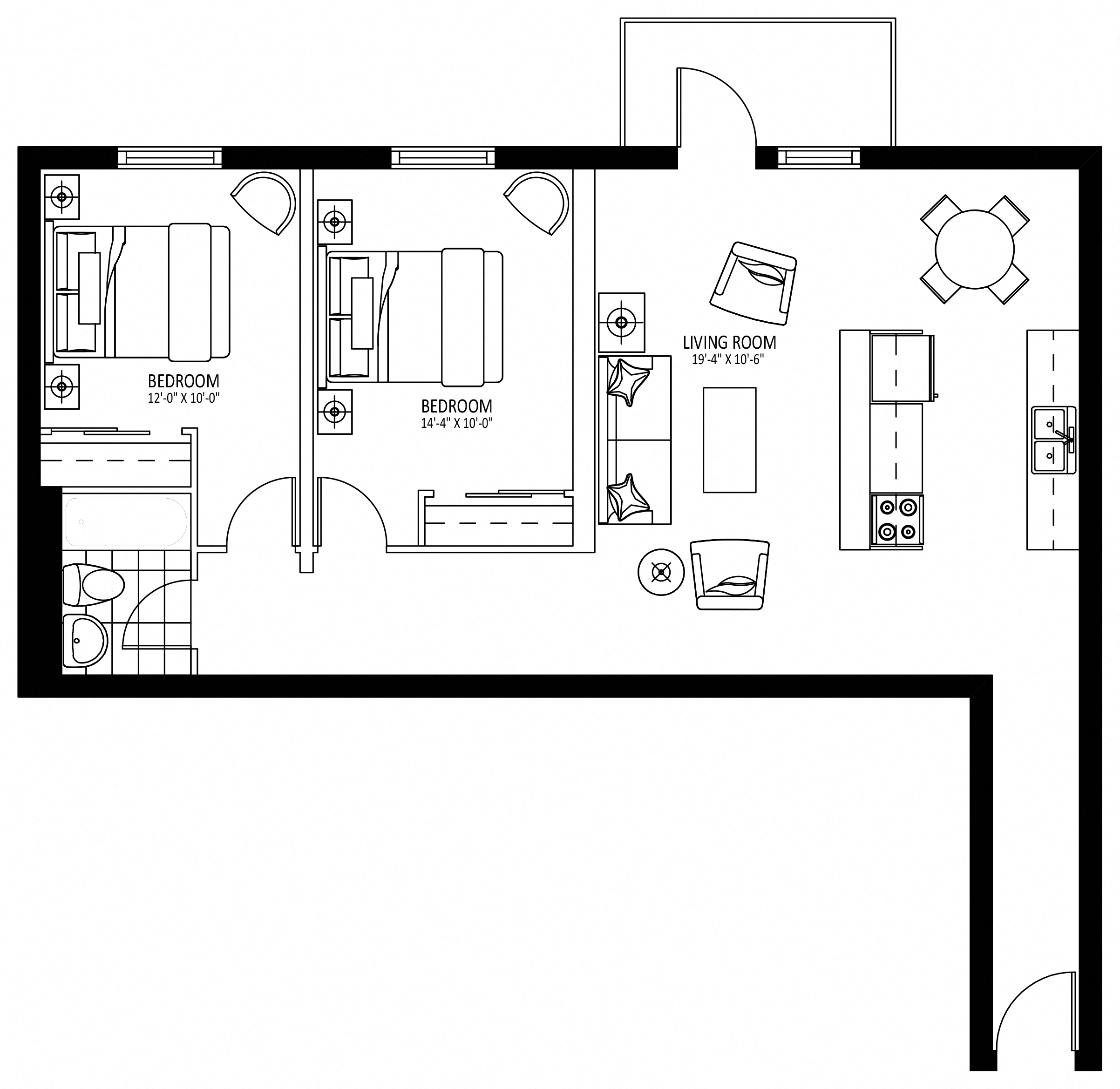 Floor plan for 2 beds, 1 bath, 905 sqft