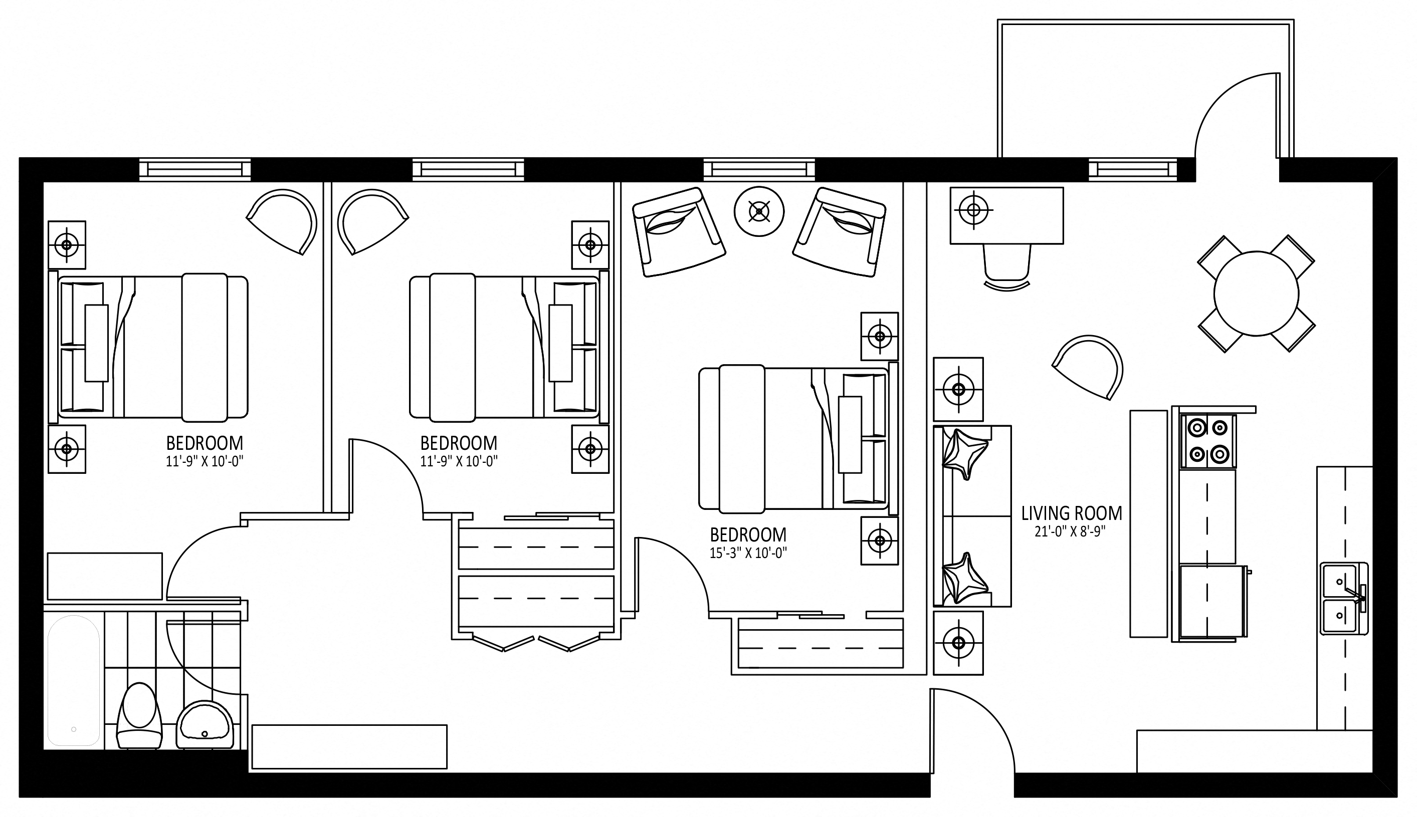 Floor plan for 3 beds, 1 bath