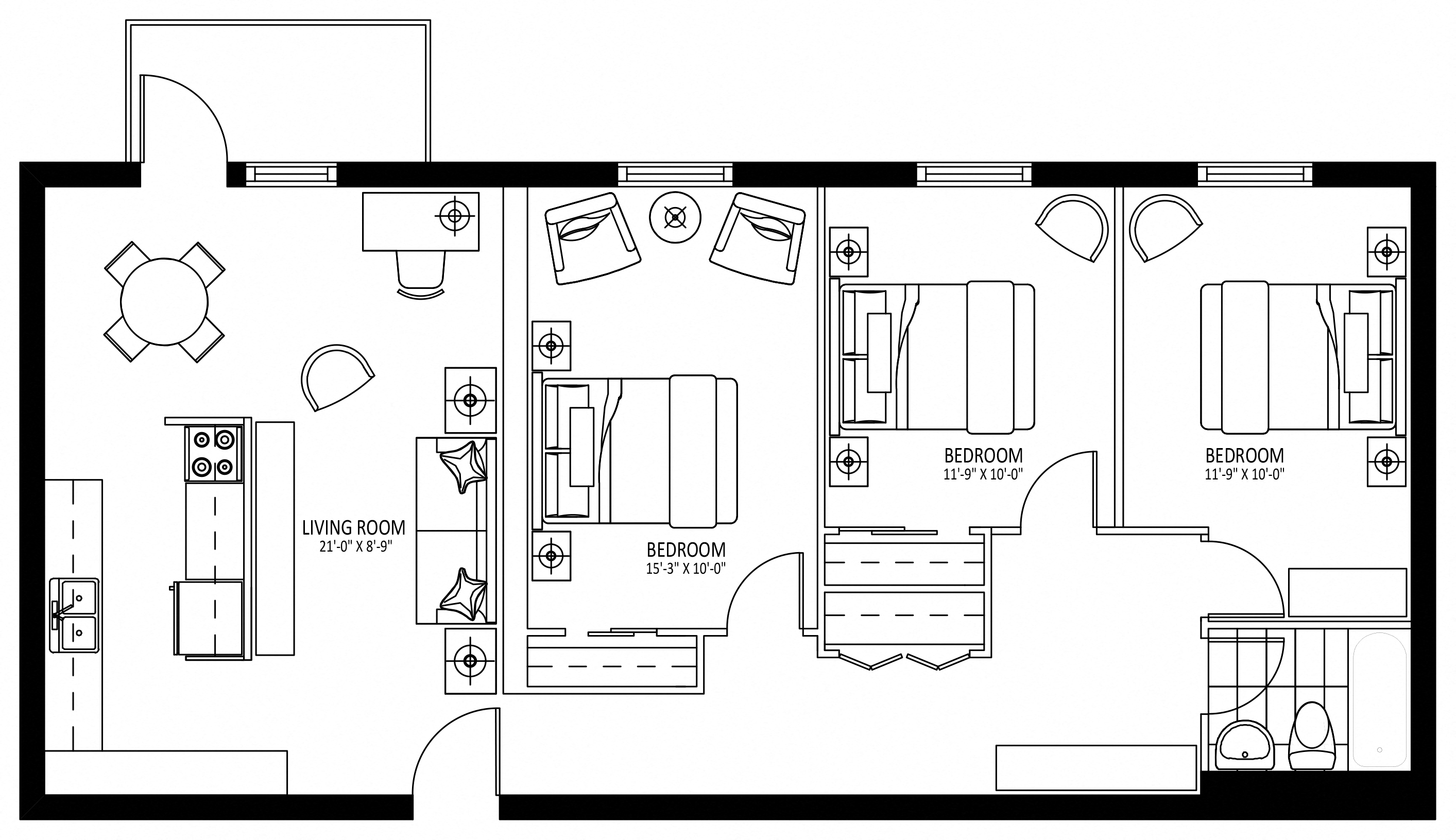Floor plan for 3 beds, 1 bath, 1090 sqft