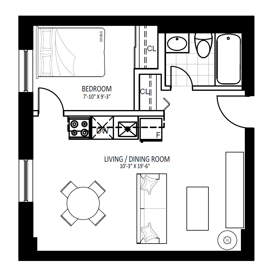 Floor plan for 1 bed, 1 bath, 460 sqft