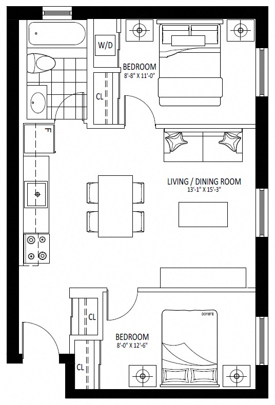 Floor plan for 2 beds, 1 bath, 645 sqft
